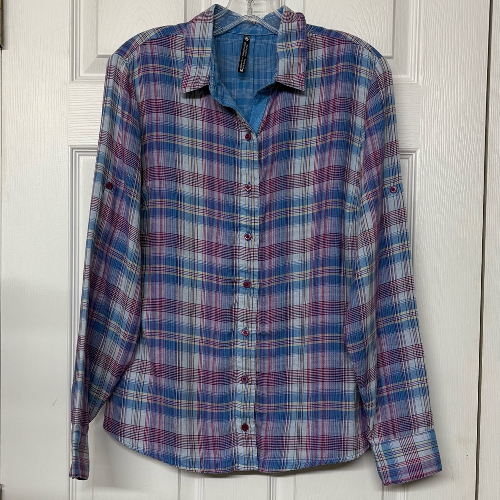 Kuhl Plaid Button Front Soft Top Blue Pink Sz M